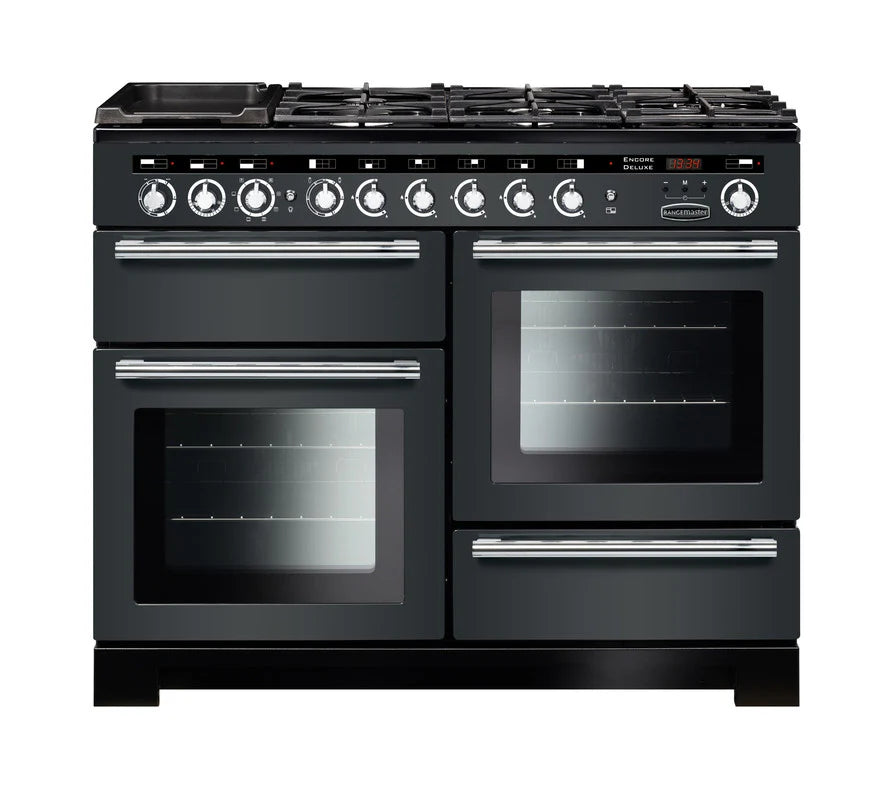 Rangemaster Encore Deluxe 110cm Dual Fuel Range Cooker - Slate & Chrome | EDL110DFFSL/C