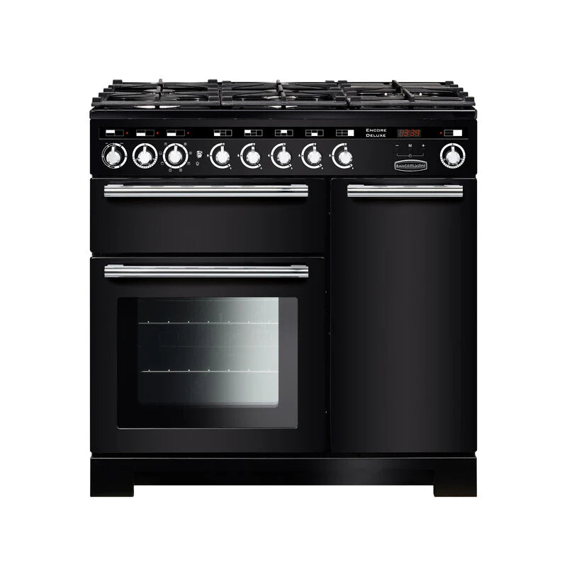Rangemaster Encore 90cm Dual Fuel Range Cooker - Black & Chrome | EDL90DFFBL/C