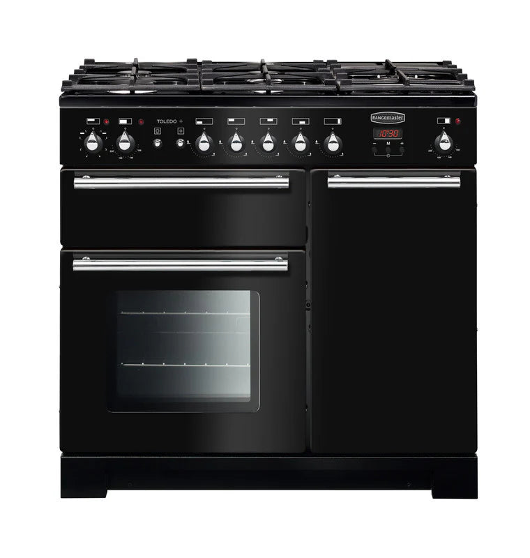 Rangemaster Toledo+  90cm Dual Fuel Range Cooker - Black & Chrome | TOLP90DFFGB/C