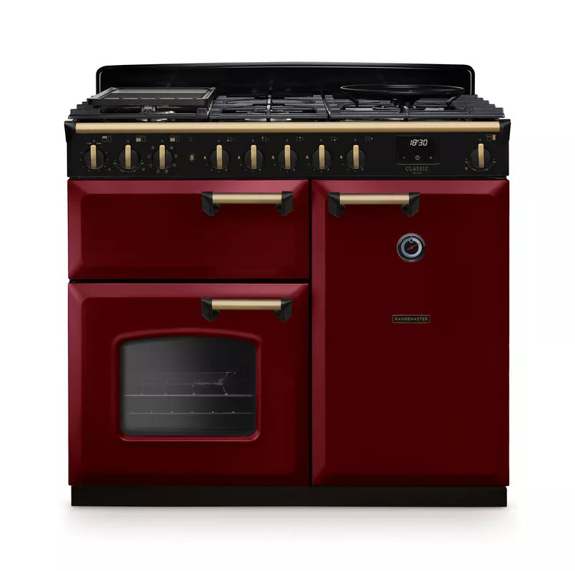Rangemaster Classic Deluxe 100cm Dual Fuel Range Cooker - Bordeaux & Brass | CLDL100DFPBOR/AB1