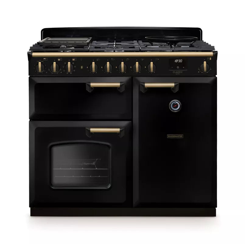 Rangemaster Classic Deluxe 100cm Dual Fuel Range Cooker - Glossy Black & Brass | CLDL100DFPGBL/AB1
