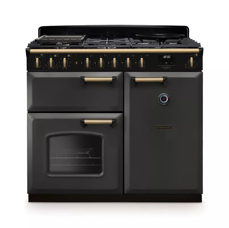 Rangemaster Classic Deluxe 100cm Dual Fuel Range Cooker - Slate & Brass | CLDL100DFPSLT/AB1