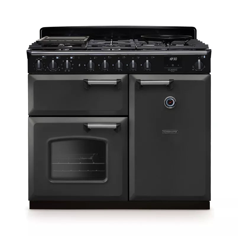 Rangemaster Classic Deluxe 100cm Dual Fuel Range Cooker - Slate & Chrome | CLDL100DFPSLT/CM1
