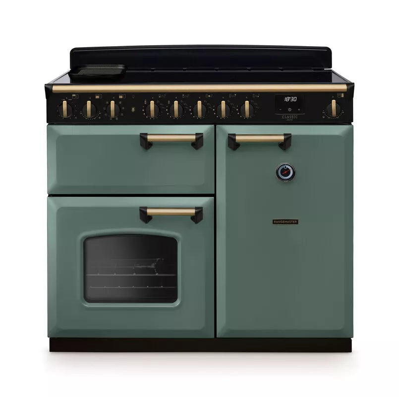 Rangemaster Classic Deluxe 100cm Induction Range Cooker - Mineral Green & Brass | CLDL100EIPMGR/AB1