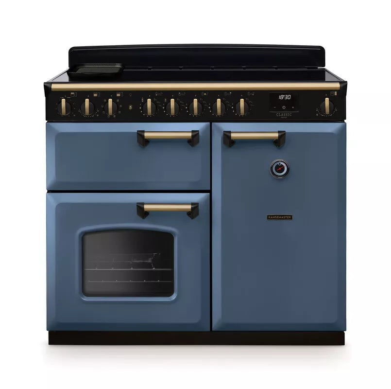 Rangemaster Classic Deluxe 100cm Induction Range Cooker - Stone Blue & Brass | CLDL100EIPSTB/AB1