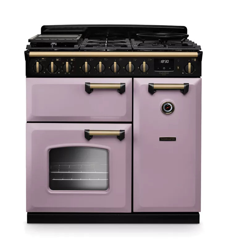 Rangemaster Classic Deluxe 90cm Dual Fuel Range Cooker - Heather & Brass | CLDL90DFPHTH/AB1