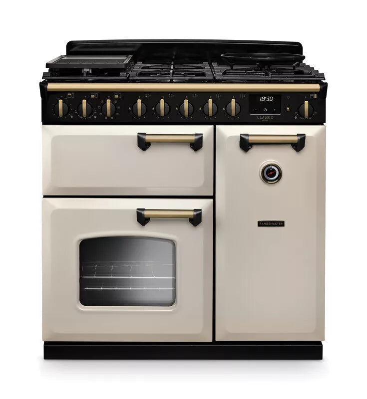 Rangemaster Classic Deluxe 90cm Dual Fuel Range Cooker - Pale Cream & Brass | CLDL90DFPPCR/AB1