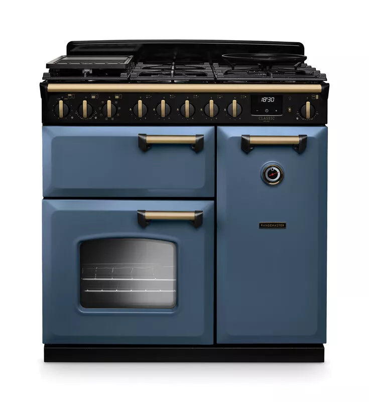 Rangemaster Classic Deluxe 90cm Dual Fuel Range Cooker - Stone Blue & Brass | CLDL90DFPSTB/AB1