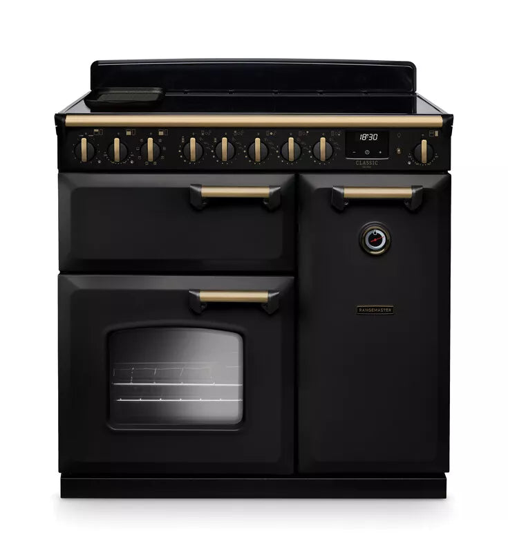 Rangemaster Classic Deluxe 90cm Induction Range Cooker - Glossy Black & Brass | CLDL90EIPSTB/AB1