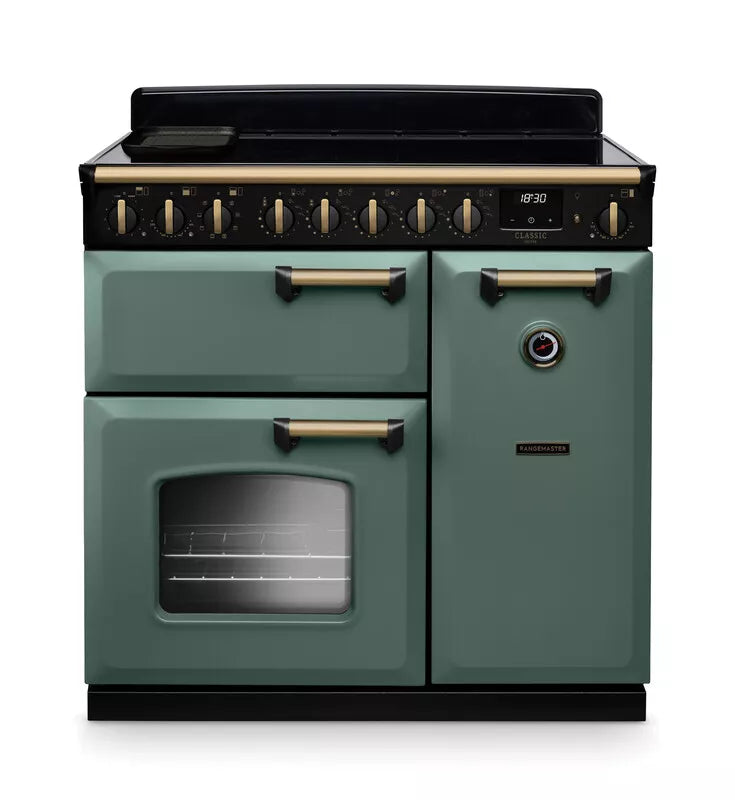 Rangemaster Classic Deluxe 90cm Induction Range Cooker - Mineral Green & Brass | CLDL90EIPSTB/AB1