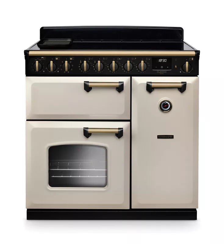 Rangemaster Classic Deluxe 90cm Induction Range Cooker - Pale Cream & Brass | CLDL90EIPSTB/AB1