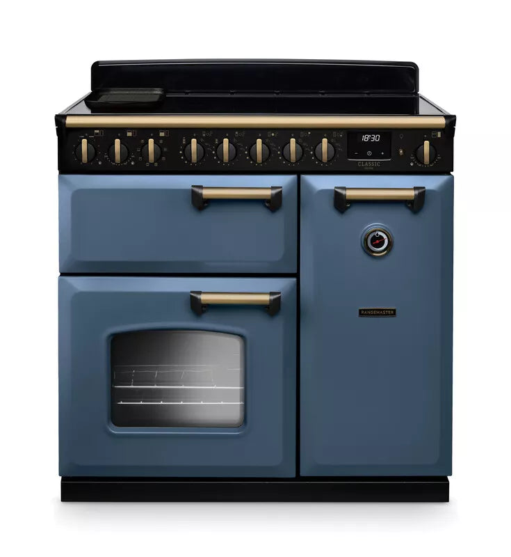 Rangemaster Classic Deluxe 90cm Induction Range Cooker - Stone Blue & Brass | CLDL90EIPSTB/AB1