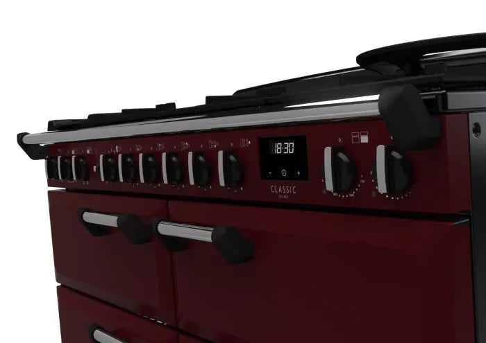 Rangemaster Classic Deluxe 110cm Dual Fuel Range Cooker (Slow Cook)  - Bordeaux & Chrome | CLDLB110DFPBOR/CM1