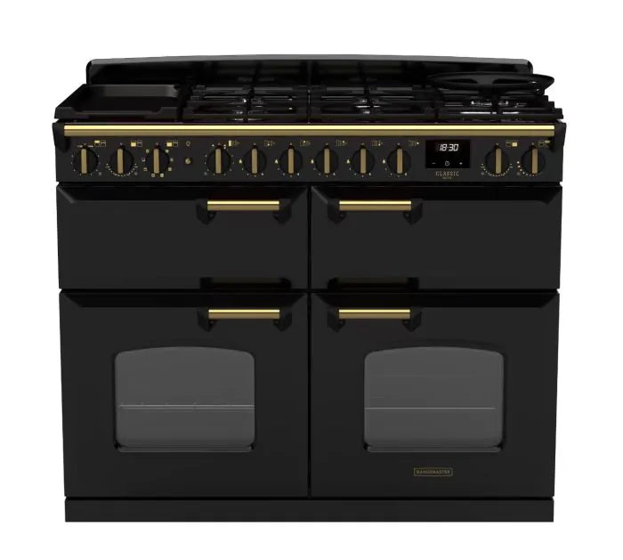 Rangemaster Classic Deluxe 110cm Dual Fuel Range Cooker (Slow Cook) - Glossy Black & Brass | CLDLB110DFPGBL/AB1