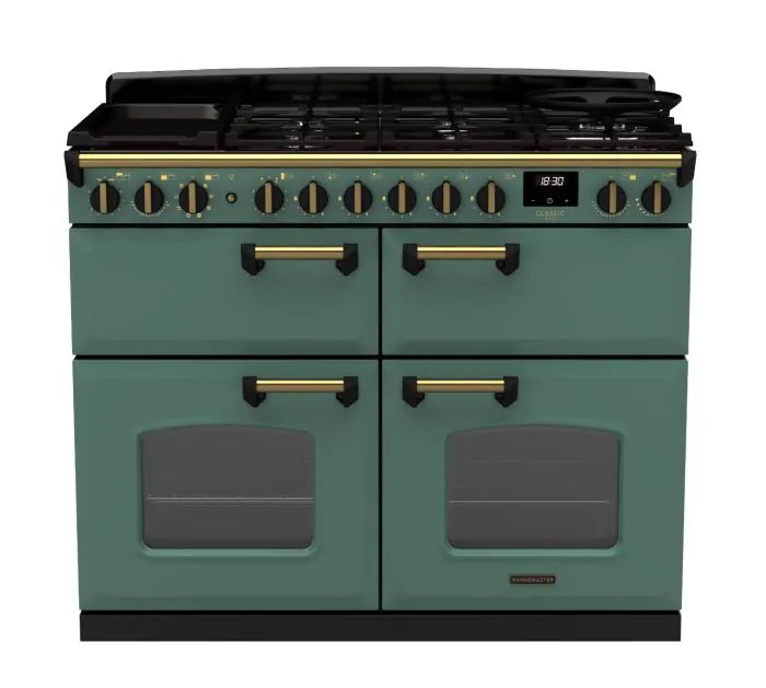 Rangemaster Classic Deluxe 110cm Dual Fuel Range Cooker (Slow Cook) -  Mineral Green & Brass | CLDLB110DFPMGR/AB1