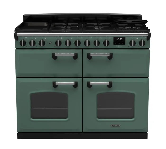 Rangemaster Classic Deluxe 110cm Dual Fuel Range Cooker (Slow Cook) - Mineral Green & Chrome | CLDLB110DFPMGR/CM1