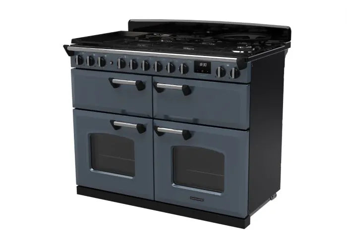 Rangemaster Classic Deluxe 110cm Dual Fuel Range Cooker (Slow Cook) - Stone Blue & Chrome | CLDLB110DFPSTB/CM1