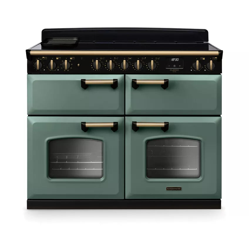 Rangemaster Classic Deluxe 110cm Induction Range Cooker (Slow Cook) - Mineral Green & Brass | CLDLB110EIPMGR/AB1