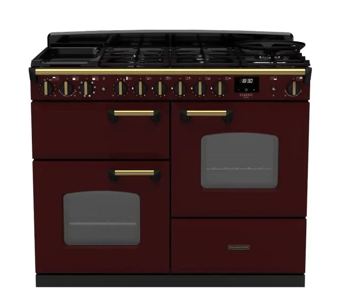 Rangemaster Classic Deluxe 110cm Dual Fuel Range Cooker - Bordeaux & Brass | CLDLO110DFPBOR/AB1