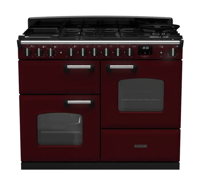 Rangemaster Classic Deluxe 110cm Dual Fuel Range Cooker - Bordeaux & Chrome | CLDLO110DFPBOR/CM1
