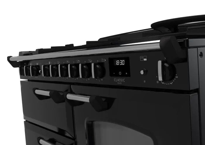 Rangemaster Classic Deluxe 110cm Dual Fuel Range Cooker - Glossy Black & Chrome | CLDLO110DFPGBL/CM1