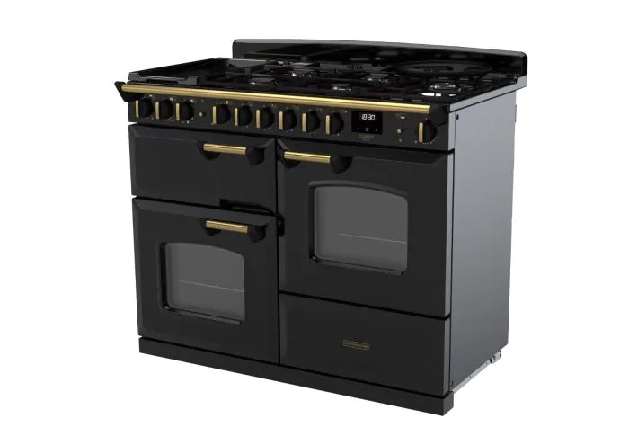 Rangemaster Classic Deluxe 110cm Dual Fuel Range Cooker - Glossy Black & Brass | CLDLO110DFPGBL/AB1