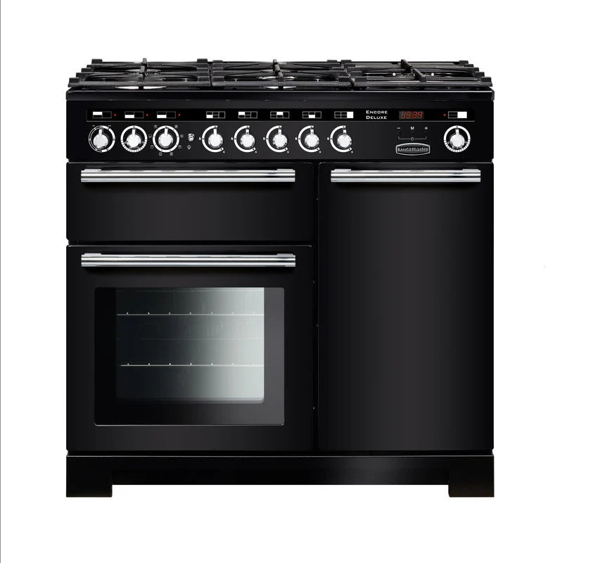 Rangemaster Encore 100cm Dual Fuel Range Cooker - Black & Chrome | EDL100DFFBL/C