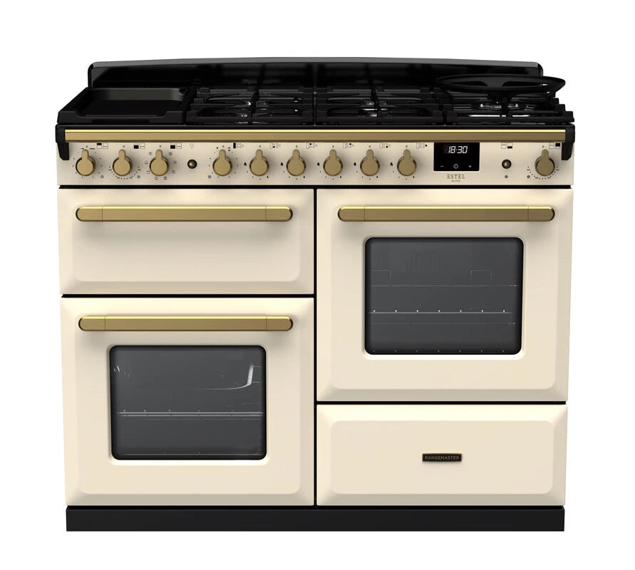 Rangemaster Estel Deluxe 110cm Dual Fuel Range Cooker - Pale Cream & Brass | ESDLO110DFPPCR/AB1
