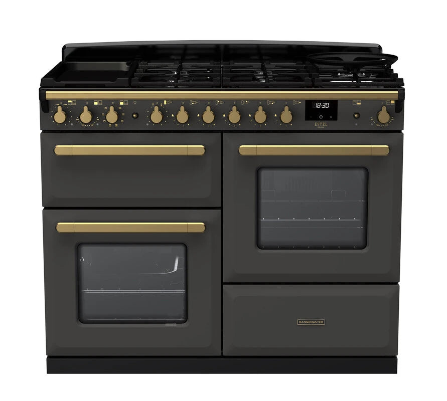 Rangemaster Estel Deluxe 110cm Dual Fuel Range Cooker - Slate & Brass | ESDLO110DFPSLT/AB1
