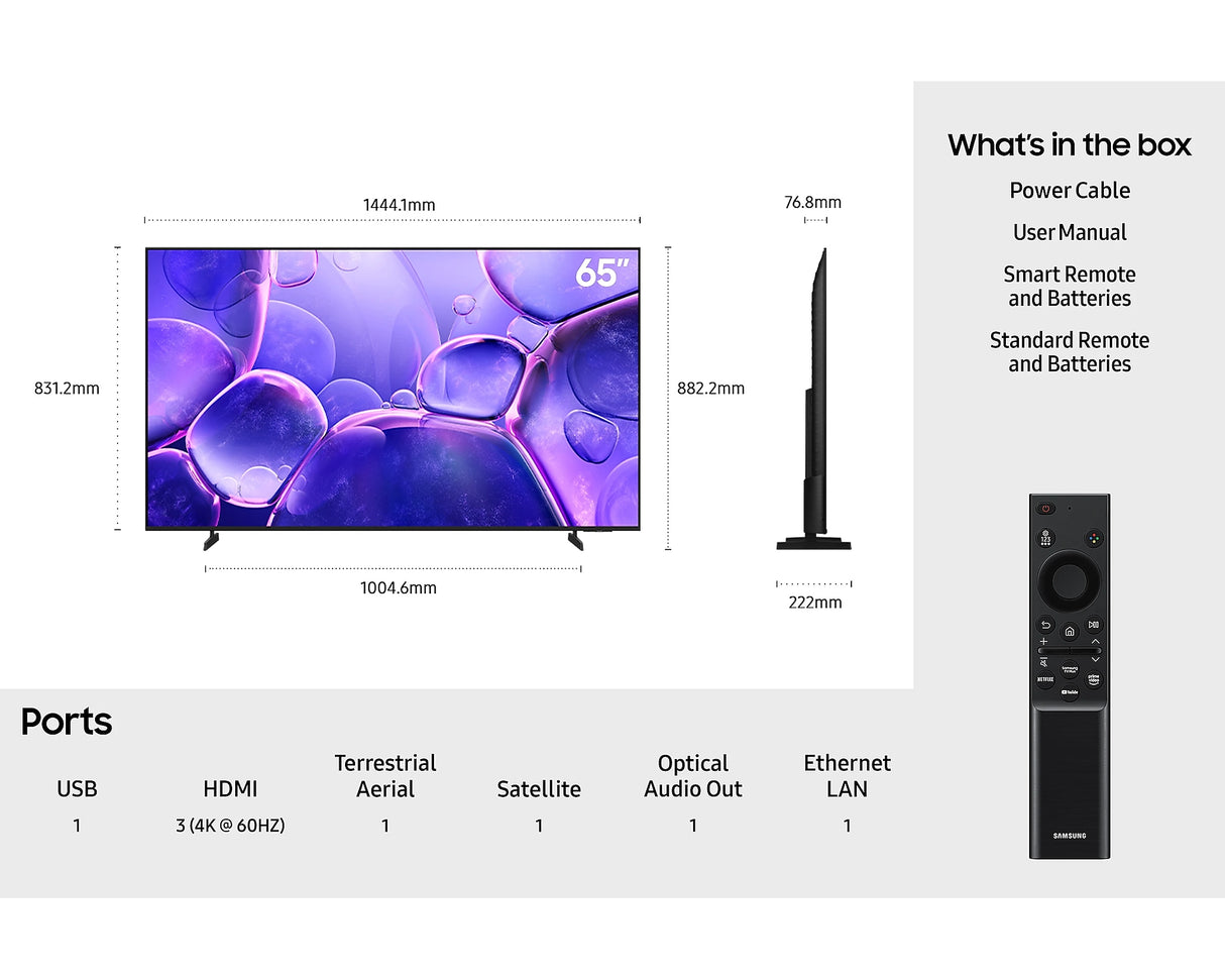 Samsung 65" Crystal UHD 4K HDR Smart TV (2025) | UE65U8000FKXXU